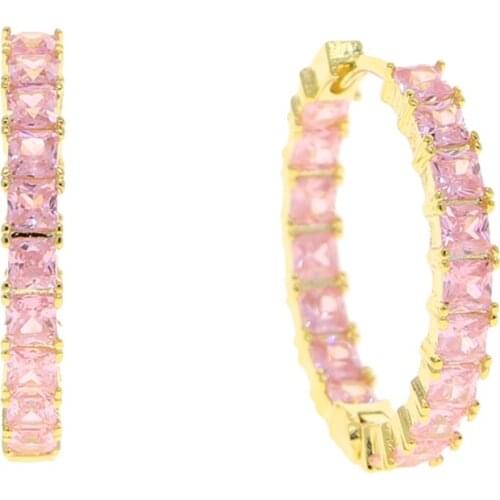 New Gold Color Baguette Square Shaped Cubic Zirconia CZ Earring Iced Out Bling Classic Big Pink Hoop Earring Women Jewlery
