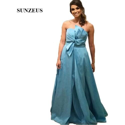 Blue Satin A-Line Bridesmaid Dresses Strapless Ruched Top Elegant African Maid of Honor Dresses Candy Color Prom Gowns