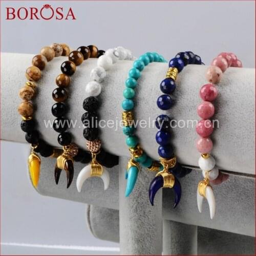 BOROSA Mix Colors Handcrafted Bracelets, Gold Color Wire Wrap Blue Shell Horn Bracelet With Blue Howlite Blue Stone Beads G1156