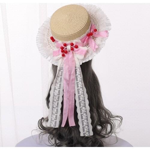 Mori Girl Strawbeery Bowknot Sun Hat Flat-top Cap girl Lolita Kawaii Princess Lace Ribbon Straw Hat Headwear