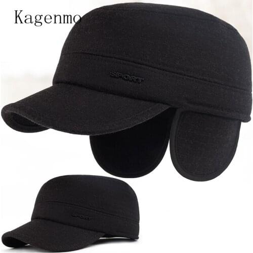 Kagenmo Warm Winter Male Hat Ear Thermal Outdoor Windproof Woolen Thick Cap Fashion Flat Top Bone Brim Sunhat