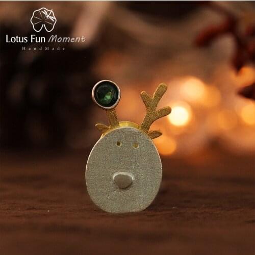 Lotus Fun Moment Real 925 Sterling Silver Natural Tourmaline Handmade Fashion Jewelry Christmas Joys Cute Reindeer Brooches