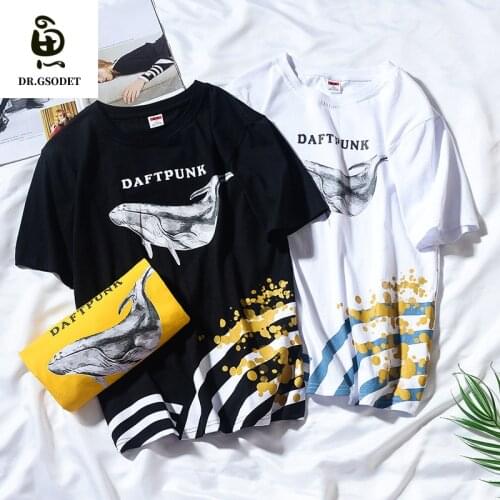 GSODET Summer T-Shirt Couple Cotton Original Ins Hong Kong Style Whale Hip Hop Print Loose O-Neck Short Sleeve Tide Brand Tops