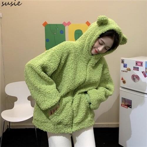 Women Cute Frog Eyes Zip Up Hoodie Jacket Fuzzy Plush Warm Oversized Loose Coat X7YA