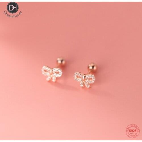 Dreamhonor Silver/Gold/Rose Gold CZ Zircon Bowknot Screw Ball Stud Earrings for Women 925 Sterling Silver Wedding Jewelry
