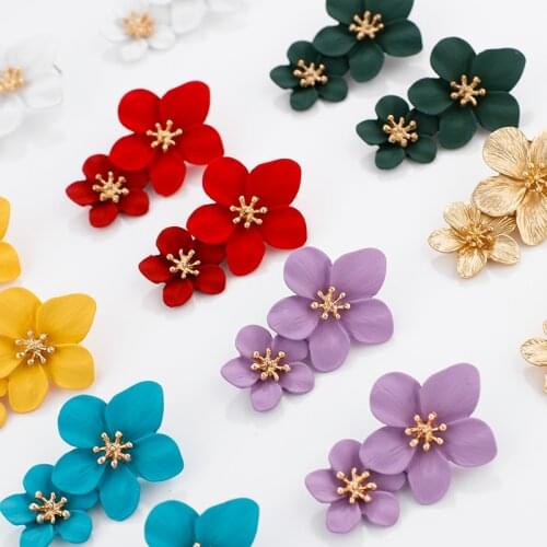 AENSOA Fashion 7 Color Double Flower Earrings For Women Statement Ethnic Floral Drop Earrings Party Jewelry Gift Pendientes