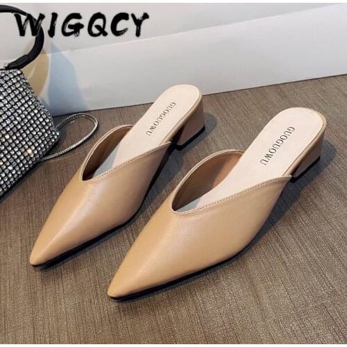 Pointed Slippers Women High Heels New Summer Shoes Fashion Luxury Square Heel Slides Slip Loafers Mules Black Female Party Shoes