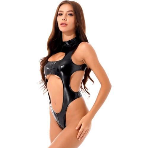 Womens Sleeveless Mock Neck Catsuit High Cut Solid Color Leotard Wetlook Latex Patent Leather Romper Hollow Out Cutout Jumpsuit