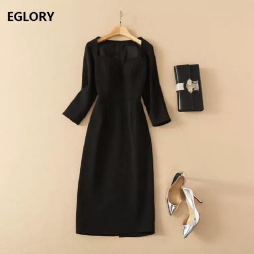 Bodycon Dress 2021 Spring Summer Business Women Sexy Square Collar Split Sexy 3/4 Sleeve Midi Black Elegant Dress Vestidos Robe