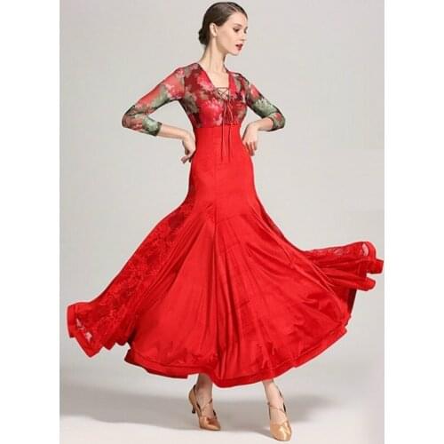 Lady Ballroom Dancing Dress Long Sleeve V Neck Waltz Dance Wear Flowers Modern Dress Tango Dance Suit D0745