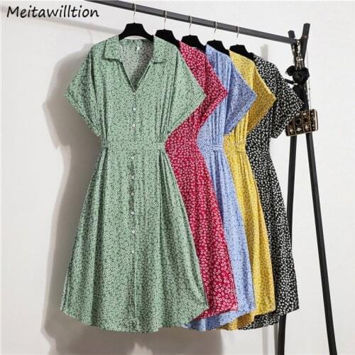 New Summer Floral Print Dress 2021 Casual V-Neck Short Sleeve High Waist Midi Dress Vintage Party Dresses Vestidos