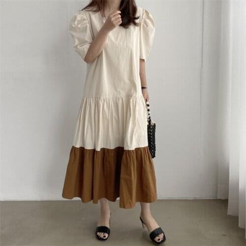 Stitching Summer Womens Dress Round Neck High Waist Korean Style Casual Short Sleeve Long Skirt
