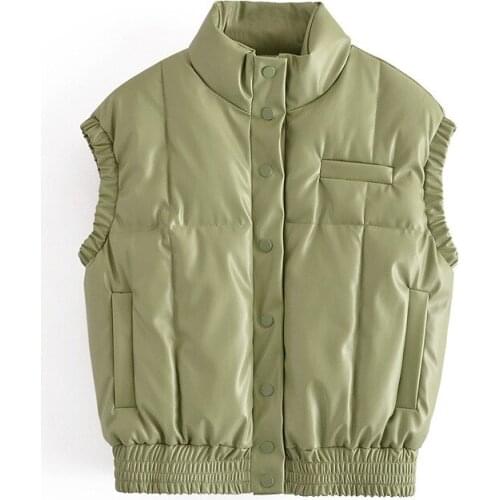 Winter Womens Fashion Half High Collar PU Leather Loose Elastic Hem Cotton Vest Top