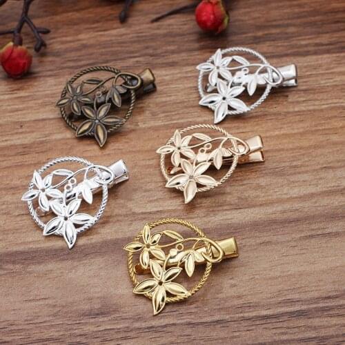 10 PCS 28mm Metal Brass Filigree Flowers Hair Clips Settings DIY Hair Accessories Duckbill Clip For Jewelry Making