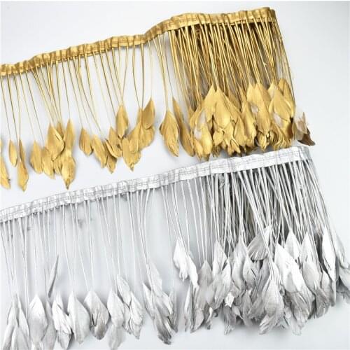 2Yards Gold Silver Goose Feather Trim Stripped Coque Geese Plumes Ribbon on Tape Wedding Party Decoration Handicraft Accessories