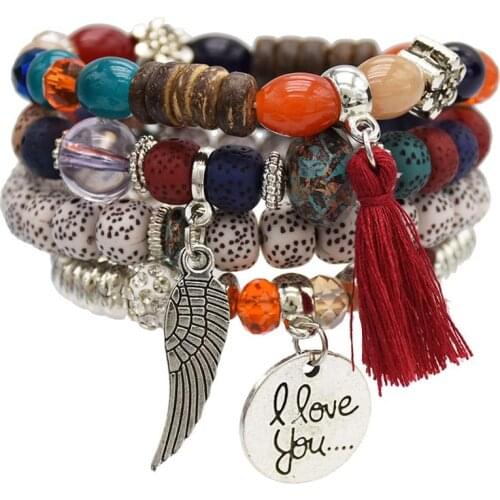 4 Pce/Lot Vintage Natural Crystal Bracelet Female Multi-layer Metal Buddha Head Blue Stone Beads Rope Bracelet for Christmas Gif