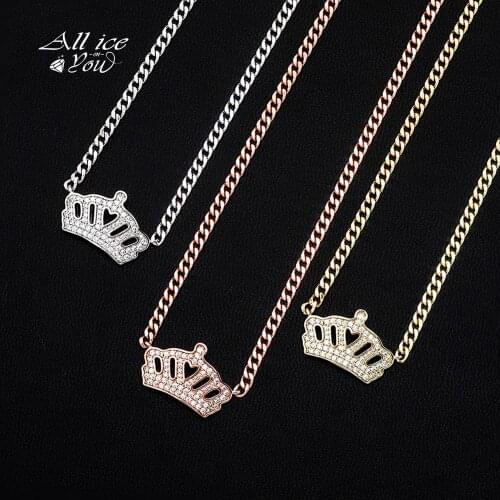 ALLICEONYOU HIP HOP plated High Quality 18inch With 2inch Tail chain AAA+ CZ Crown Pendant Necklace Jewelry For Gift