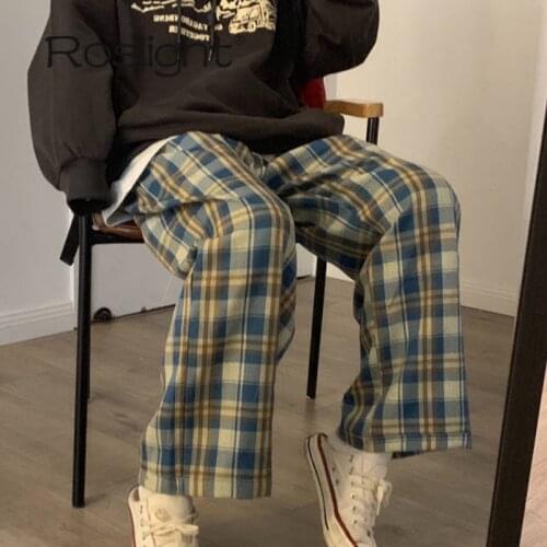 Harajuku Plaid Pants Women Wide Leg Long Straight Trousers Korean Style High Waist Checkered Thin Trousers Streetwear Pants