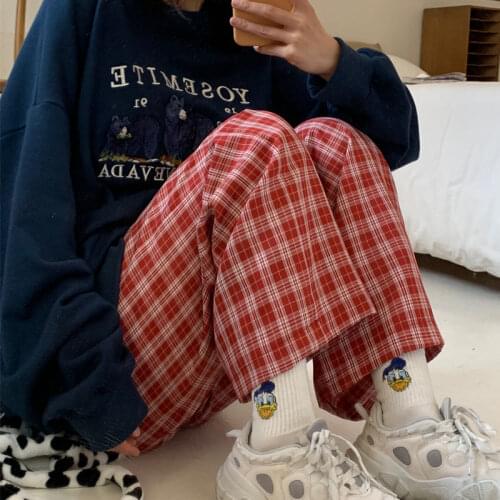 2021 Red Harajuku plaid pants women oversized wide leg pants female Korean style high waist checkered pajamas Trousers Ins