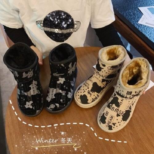 Winter Kids Boys Map Printing Deer Velvet Classic Short Snow Boots Children Wam Plush Casual Shoes