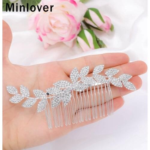 Minlover Elegant Leaves Rhinestone Bridal Hair Combs/Pins Handmade Silver Color Wedding Hair Accessories Bride Hairwear FS263