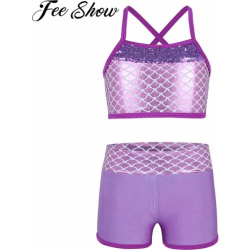 FEESHOW Kids Girl Tankini Suit Sleeveless Sequins Mermaid Scales Tank Top Shorts Set for Ballet Dance Gymnastics Workout Clothes