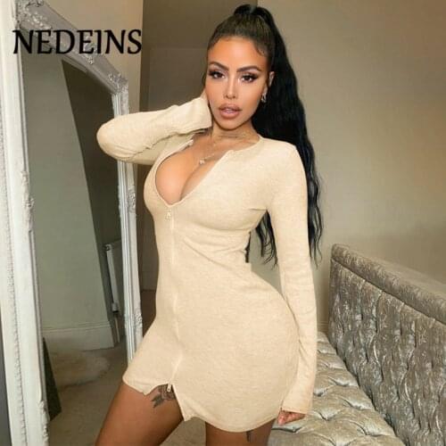 Hugcitar 2020 long slit sleeve zipper nude sexy mini dress autumn winter women fashion streetwear outfits pure party dresses
