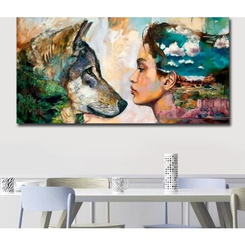 Woman and Wolf Canvas Painting Modern Prints Art Vintage Poster prints Wall Picture Living Room Unframed Dropshipping