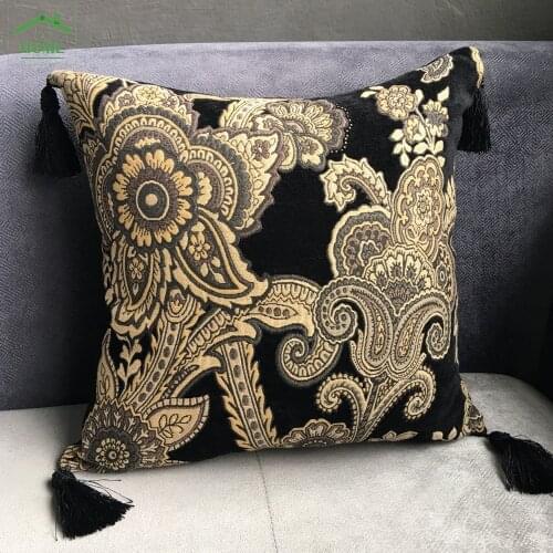 Classical Fashion Black Floral Chenille Vintage Cushion Cover Tassels Pillow Case Decoration Home Use Pillow Cover 45 x 45 cm