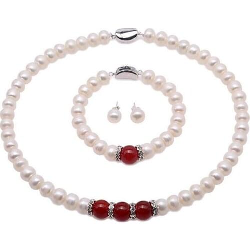 Multi piece suit bridal wedding Jewelry Sets 8-9mm Natural Freshwater Pearls Necklace Earrings Bracelet 925 Sterling