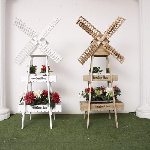 Creative Pastoral Wood Flower Shelf Indoor Windmill Flower Shelf Shop Clothing Shop Coffee Shop Wood Decoration