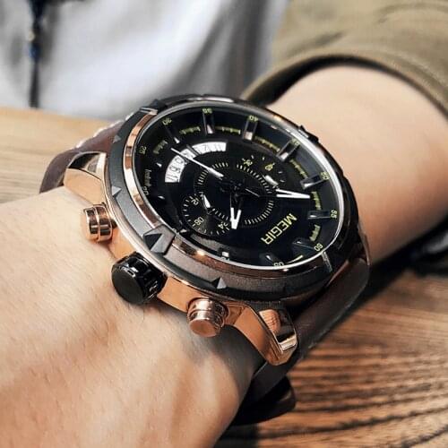 MEGIR Men Creative Fashion Quartz Wrist Watch Leather Strap Waterproof Mens Military Sport Watches Clock Male Relogio Masculino