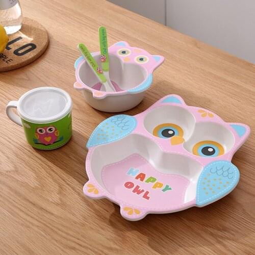 High Quality 5Pcs/Set Baby Tableware Lovely Cartoon Children Feeding Dishes Bamboo Fiber Dinnerware Set Kindergarten Tableware