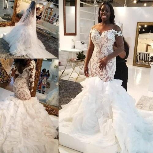 Nigerian Mermaid Wedding Dresses Long Sleeve Country Wedding Dress Custom Made Lace Organza Ruffles Beackless Bridal Gown 2021