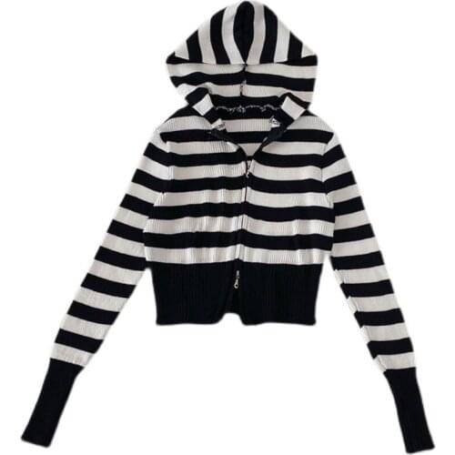 Spring and Autumn New Korean Striped Short Section Slim Wild Hooded Long Sleeve Knit Sweater Women