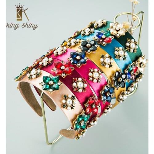 Spring New Design Colorful Crystal Flower Headband Vintage Simulated Pearl Star Solid Color Fabric Hairband Girls Party Headwear