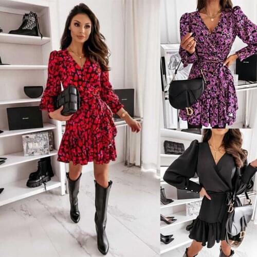 Autumn Dress Women Robe Femme Long Sleeve Floral Printed V-Neck Retro Irregular Y2K Dresses For Woman Beach Mini Vetido De Mujer