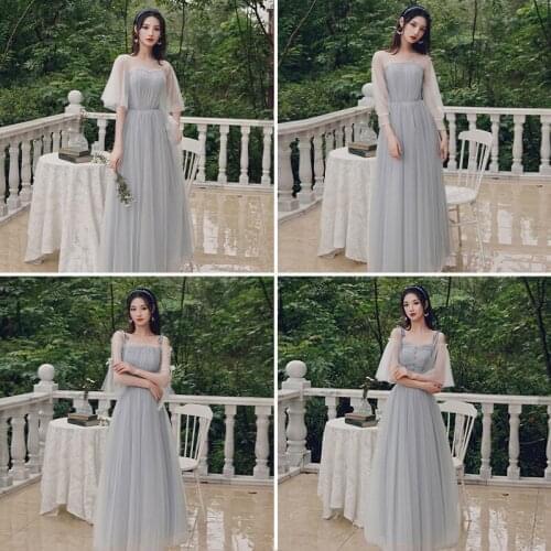 Bridesmaids Dresses Illusion A-Line Short O-Neck Lace Tulle Pleat Vintage Floor-Length Luxury Gray Women Wedding Party Gown E694