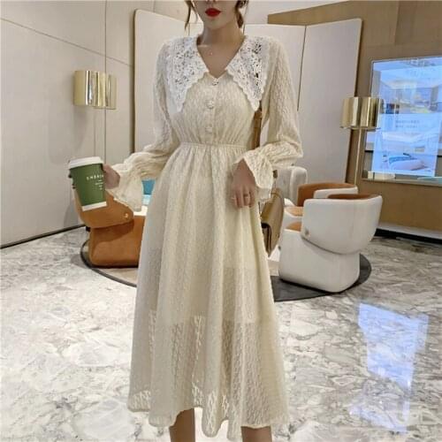 2021 Spring New French Sweet Lace Dress Women Chic Elegant Solid Button V Neck Puff Sleeve Dress A-line Streetwear Midi Dresses