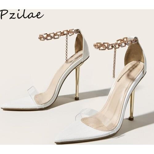 Pzilae Summer PVC Transparent Rhinestone Chain High Heels Shoes Women Sandals Sharp Toe Sexy Party Ladies Shoes Woman Sandalias