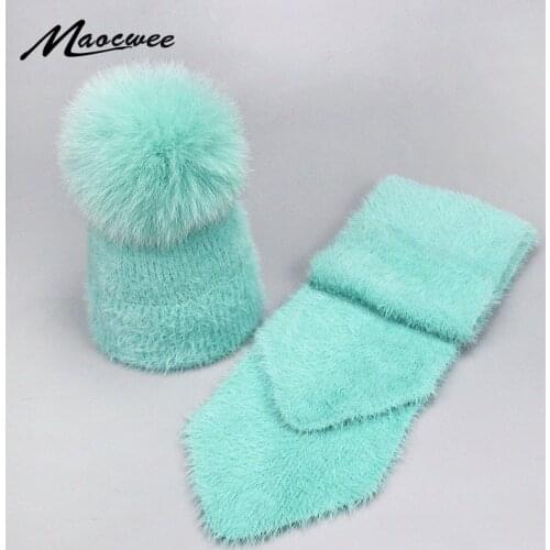2 Pieces Set New Winter Fox Pompom Rabbit Fur Hat And Scarf For Women Girl Cotton Female Winter Knitted Hat Casual Solid Color