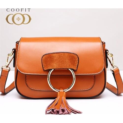 Coofit Vintage Womens Satchel Bag Ring Tassel Flap Cover Leather Saddle Bag Elegant Women Bag High Quality Small Crossbody Bag