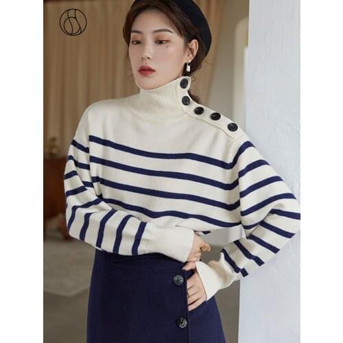DUSHU Oversiezd striped turtleneeck knitted sweater Women long sleeve autumn winter casual pullover Plus size female jumper top