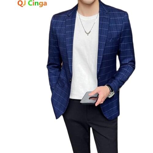 Navy Blue Striped Plaid Blazer Mens Business Wedding Blazer Coat Fashion Slim Male Jaqueta Large Size S-5XL Man Tuxedo