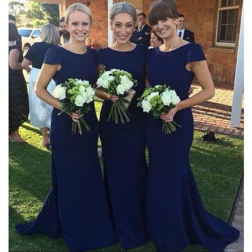 Navy Blue Mermaid Modest Prom Dresses With Cap Sleeves Simple Plain Long Formal Country Maids of Honor Gowns Evening Dress