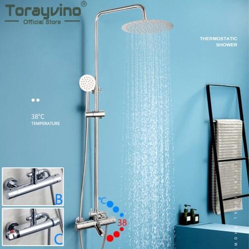 Torayvino Thermostatic Chrome Polished Bathroom Shower Faucet Set Wall Mount Mixer Water Taps Bathtub Rainfall Shower Combo Kit