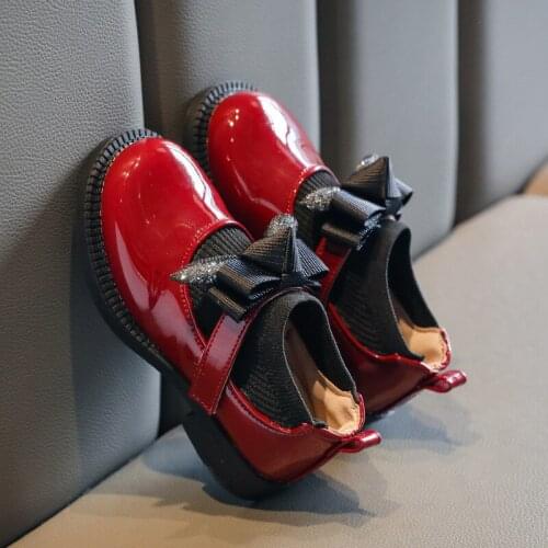 Fashion Bow Girls Princess Shoes Leather Knitting Patchwork Flats Kids Party Anti Slip Soft Bottom Children Loafers Mary Janes