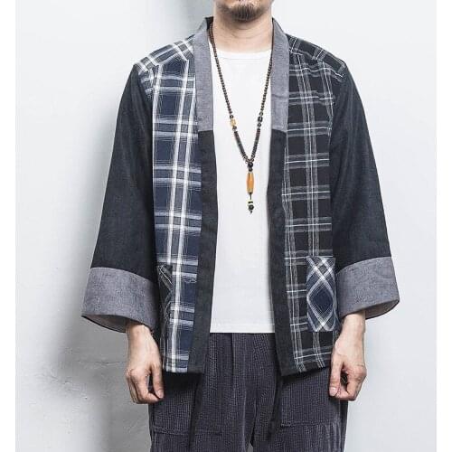 Aransue 2021 Spring Summer Chinese Style Top Kimono Plaid Cardigan Hanfu Mens Shirt Japanese Wear
