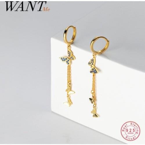 WANTME 925 Sterling Silver Fashion Romantic Blue Zircon Tassel Butterfly Pendant Drop Earrings Wedding Huggies Women Jewelry