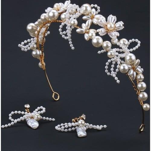 Bride Jewelry Set Headdress New Crown Earrings Wedding Super Fairy Veil Hair Accessories Pearl Headband Handmade Beads Headwear